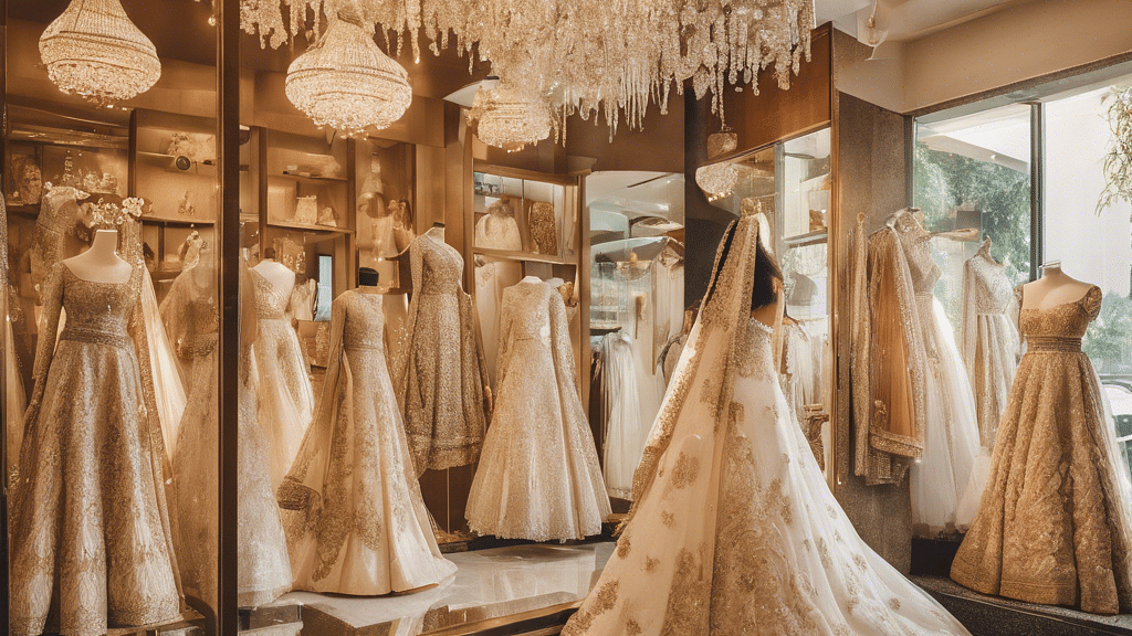 A collection of elegant, intricately designed wedding gowns showcased in a high-end bridal boutique.